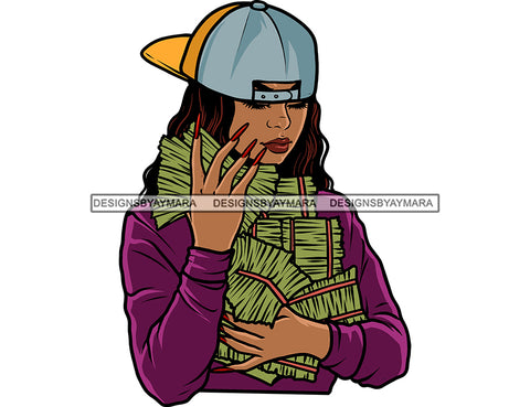 Hustler Melanin Latina Woman Holding Big Stack Of Money Grind Grinding Hustling Hustler Money Cash Bank Dollar Currency Hard Work Logo Design Element SVG JPG PNG Vector Clipart Cricut Silhouette Cut Cutting