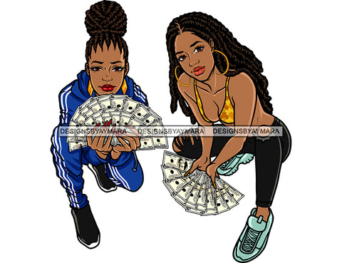 Hustler Women Best Friends Buddy Melanin Latina Woman Holding Big Stack Of Money Grind Grinding Hustling Hustler Money Cash Bank Dollar Currency Hard Work Logo Design Element SVG JPG PNG Vector Clipart Cricut Silhouette Cut Cutting