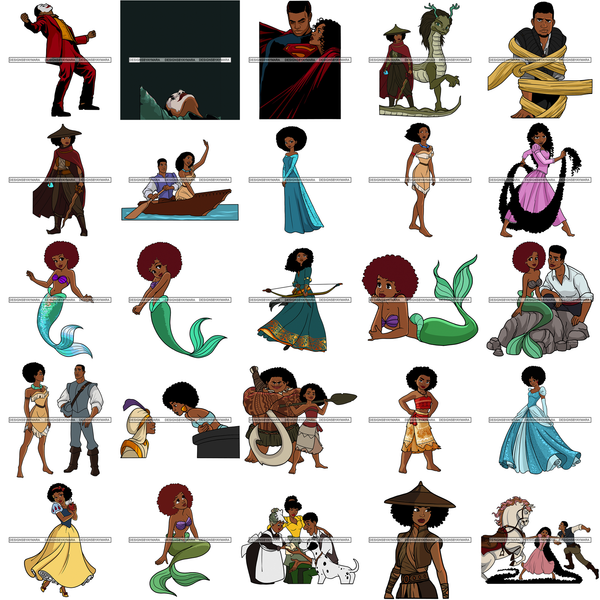 Princesses and Heroes Cartoon Character Designs Black Princess Black Hero Designs For Sublimation SVG PNG JPG Cutting Files Cricut Silhouette