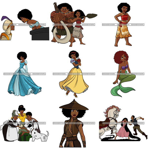 Princesses and Heroes Cartoon Character Designs Black Princess Black Hero Designs For Sublimation SVG PNG JPG Cutting Files Cricut Silhouette