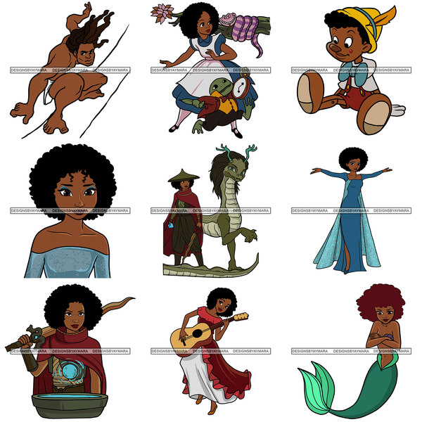 Princesses and Heroes Cartoon Character Designs Black Princess Black Hero Designs For Sublimation SVG PNG JPG Cutting Files Cricut Silhouette