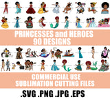 Princesses and Heroes Cartoon Character Designs Black Princess Black Hero Designs For Sublimation SVG PNG JPG Cutting Files Cricut Silhouette