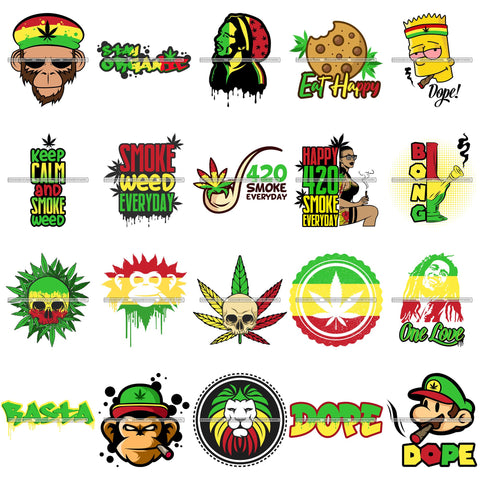 Bundle 20 Rasta Weed Leaf Joint Blunt Pot Cannabis Hashish Grass Marijuana Medicinal Hemp Stoned High Life SVG Cutting Files