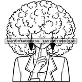 African American Afro Woman Face Shut Up Hand Sign Woman Curly Hairstyle BW Design Element Long Nail Vector White Background SVG JPG PNG Vector Clipart Cricut Silhouette Cut Cutting