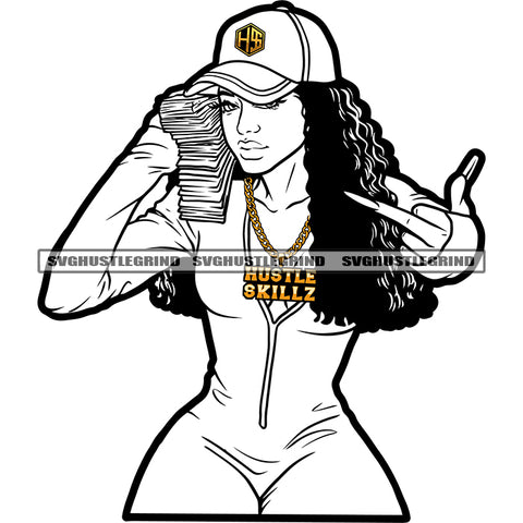 Melanin Woman Middle Finger Hand Sign Design Element Curly Hair Woman Holding Money Bundle Vector Black And White Color BW SVG JPG PNG Vector Clipart Cricut Cutting Files