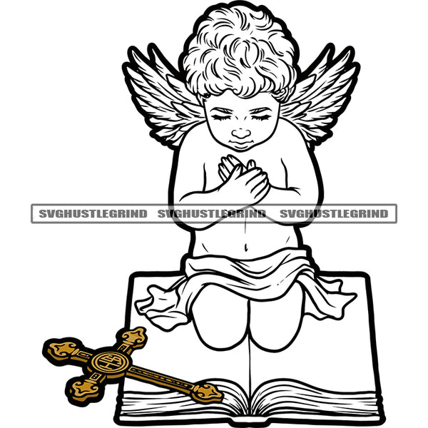 Afro Angle Praying On Book And Cross Drop Floor Vector Praying Hand Design Element Angle Wings SVG JPG PNG Vector Clipart Cricut Cutting Files