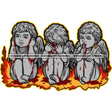 African American Baby Angle Sitting On Fire Black And White Artwork With Wings Happy Face Three Cute Baby Angle BW Silhouette SVG JPG PNG Vector Clipart Cricut Silhouette Cut Cutting