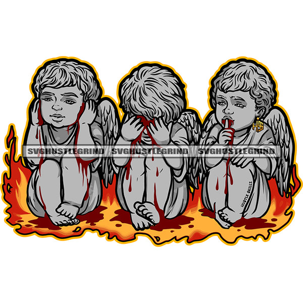 African American Baby Angle Sitting On Fire Black And White Artwork With Wings Happy Face Three Cute Baby Angle BW Silhouette SVG JPG PNG Vector Clipart Cricut Silhouette Cut Cutting