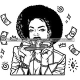 Afro Black Woman Holding Money Bundle Vector Bite Money Cash Dripping Design Element Attitude Queen Afro Hair Style Black And White BW SVG JPG PNG Vector Clipart Cricut Cutting Files