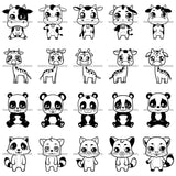 Bundle 20 Cute Animals Cartoon Cow Giraffe Panda Racoon Characters Kids Children Room Decoration Birthday Party Fantasy Fairytale B/W SVG JPG PNG Vector Clipart Cricut Silhouette Cut Cutting