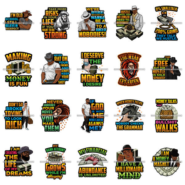 Bundle 20 Hustler Man Hard Worker Hustling I Have A Millionaire Mind Savage Quotes SVG PNG JPG Cutting Files For Silhouette Cricut and More!