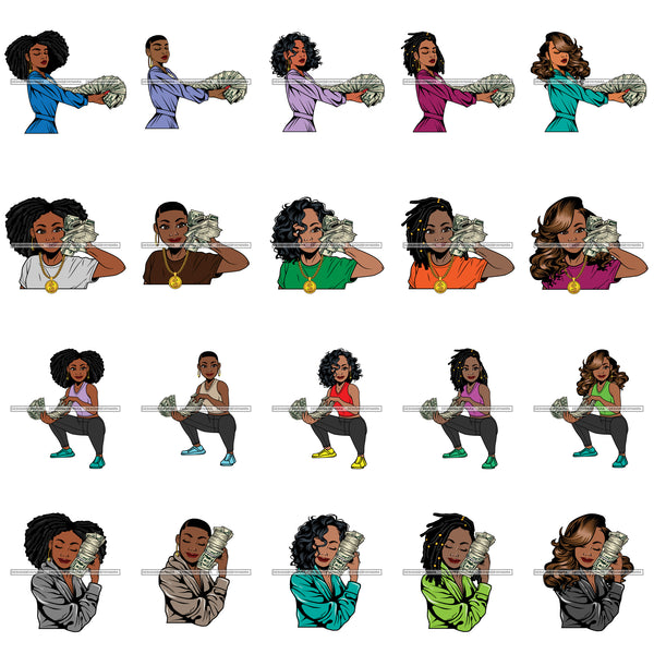 Bundle 20 Afro Gangster Hustler Lola Holding 100 Dollar Bill Showing Up Money Stacks Savage SVG Cutting Files For Silhouette Cricut and More!
