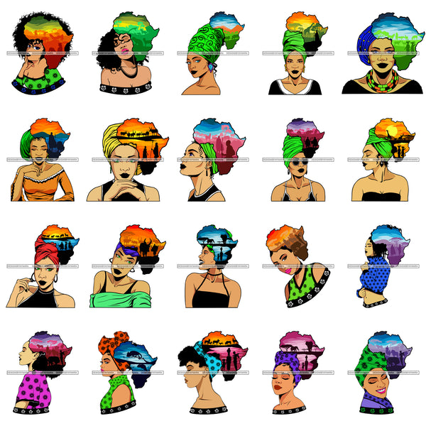 Bundle 20 Safari Goddess Africa Continent African American Woman Savanna Animals Hair SVG Cutting Files.