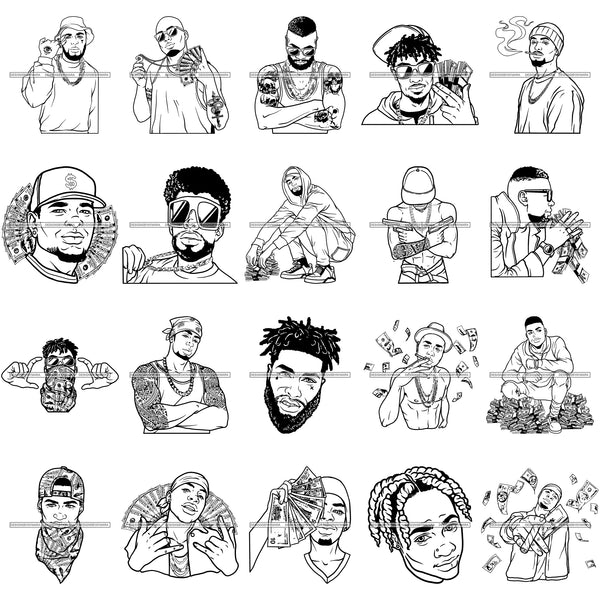 Bundle 20 Gangsta Gangster Afro Black King Man Men 100 Dollar Bill Hustler Hustling Melanin African American Male PNG JPG SVG Cutting Files For Silhouette Cricut and More!