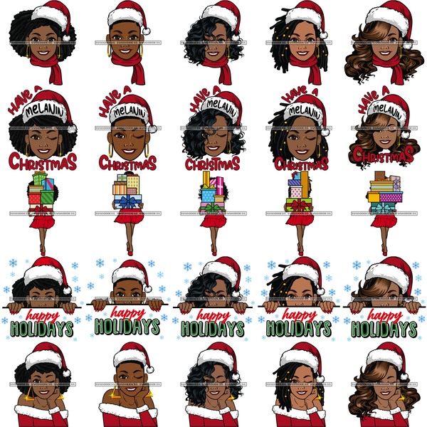 Bundle 25 Christmas Melanin Woman Designs For Commercial Use Holidays Celebration Winter Season SVG PNG JPG EPS Cutting Vector Files
