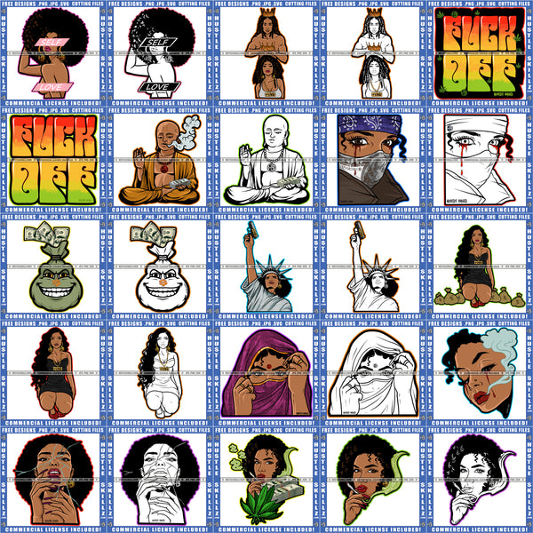 Bundle 25 Self Love Queen King Woman Man Melanin Smoking Blunt Liberty Statue Gun Hand Woman Wearing Hijab Stoned Buda Mix Bundle SVG PNG JPG Cut Files For Silhouette Cricut and More!