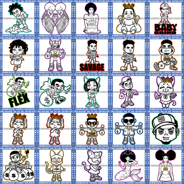 Bundle 25 Hustler Man Grinding Mermaid Cute Girl Flex Hustler Man B/W Mix Bundle SVG PNG JPG Cut Files For Silhouette Cricut and More!