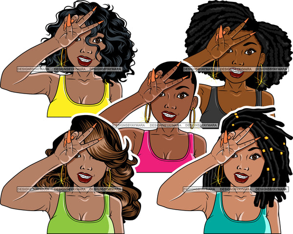 Bundle 5 Afro Beautiful Lola Peace Sign Emotion Queen Boss Lady Black Woman Nubian Melanin Popping SVG Cutting Files For Silhouette Cricut and More