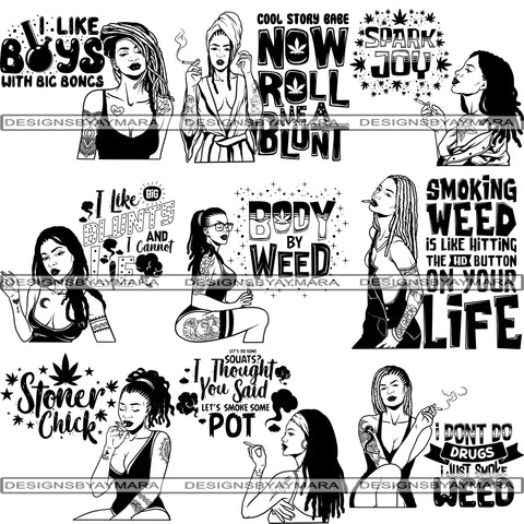 Bundle 9 Afro Woman Smoking Weed Cannabis Marijuana Blunt Join 420 High Life Smoke Smoker  .SVG .EPS .PNG .Jpg Vector Clipart Cricut Circuit Cut Cutting