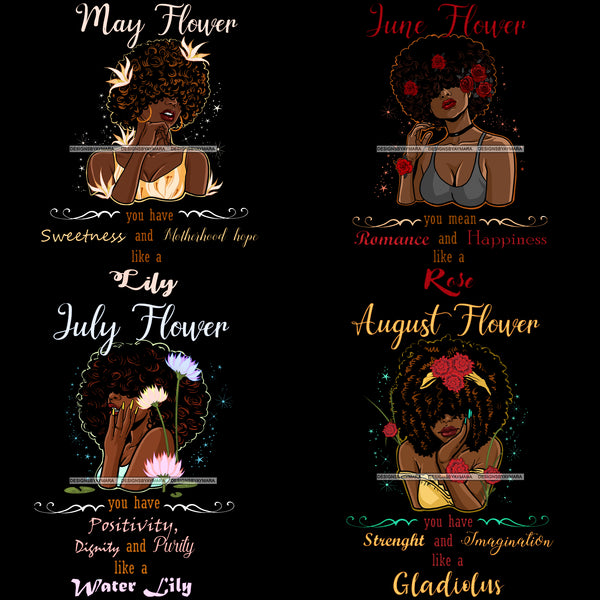 Bundle 12 Birthday Flowers Girls African American Woman Melanin Nubian Afro Hairstyle JPG PNG Files For Silhouette Cricut and More