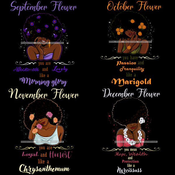 Bundle 12 Birthday Flowers Girls African American Woman Melanin Nubian Afro Hairstyle JPG PNG Files For Silhouette Cricut and More
