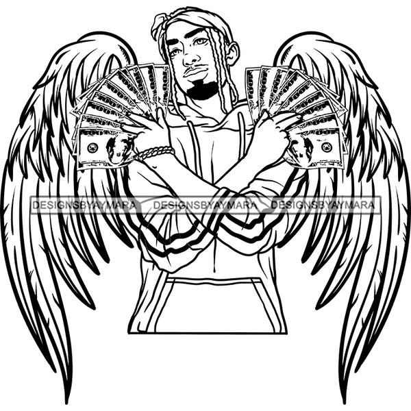 Black Handsome Angel Wings Holding Money Goatee Headband Dreadlocks Hairstyle B/W SVG JPG PNG Vector Clipart Cricut Silhouette Cut Cutting