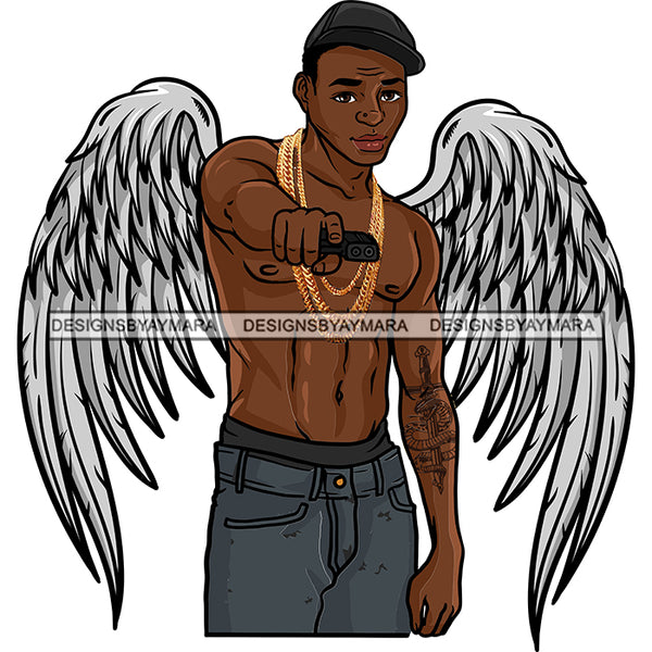 Black Handsome Angel Wings Shirtless Holding Gun Arm Tattoo Baseball Cap Style SVG JPG PNG Vector Clipart Cricut Silhouette Cut Cutting