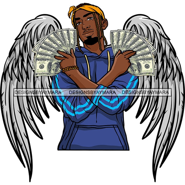 Black Handsome Angel Wings Holding Money Goatee Headband Dreadlocks Hairstyle SVG JPG PNG Vector Clipart Cricut Silhouette Cut Cutting