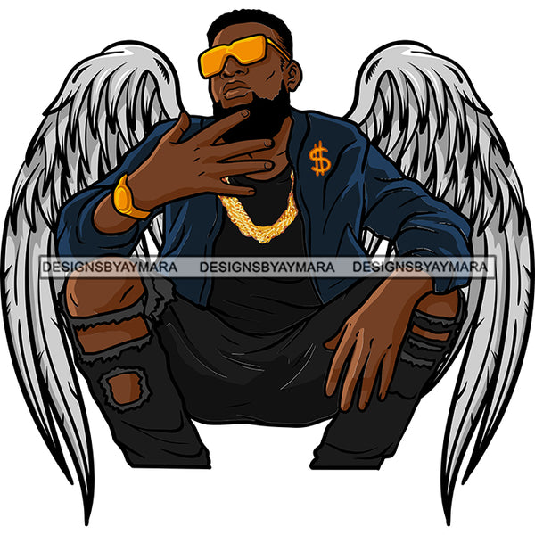 Black Handsome Angel Wings Squatting Beard Sunglasses Ripped Jeans Fashion Style SVG JPG PNG Vector Clipart Cricut Silhouette Cut Cutting