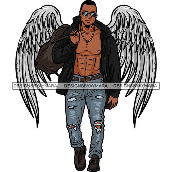 Black Handsome Angel Wings Sunglasses Gym Bag Open Jacket Fashion Style SVG JPG PNG Vector Clipart Cricut Silhouette Cut Cutting