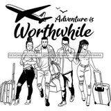 Couples Adventure Getaway Friends Airplane Vacation Trip Illustration B/W SVG JPG PNG Vector Clipart Cricut Silhouette Cut Cutting