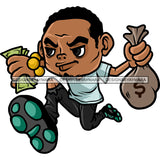 Gangster African American Man Hand Holding Money Bag And Money Note Design Element White Background Curly Hairstyle SVG JPG PNG Vector Clipart Cricut Silhouette Cut Cutting