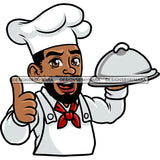African American Chef Hand Holding Plate Smile Face Design Element Wearing Master Chef Dress And Hat White Background SVG JPG PNG Vector Clipart Cricut Silhouette Cut Cutting
