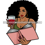 African American Beautiful Woman Hand Holding Wine Glass And Book Wearing Hoop Earing Vector Design Element Smile Face Curly Hairstyle SVG JPG PNG Vector Clipart Cricut Silhouette Cut Cutting