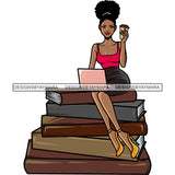 African American Woman Sitting On Book Hand Holding Coffee Mug Side On Laptop Curly Hairstyle White Background SVG JPG PNG Vector Clipart Cricut Silhouette Cut Cutting