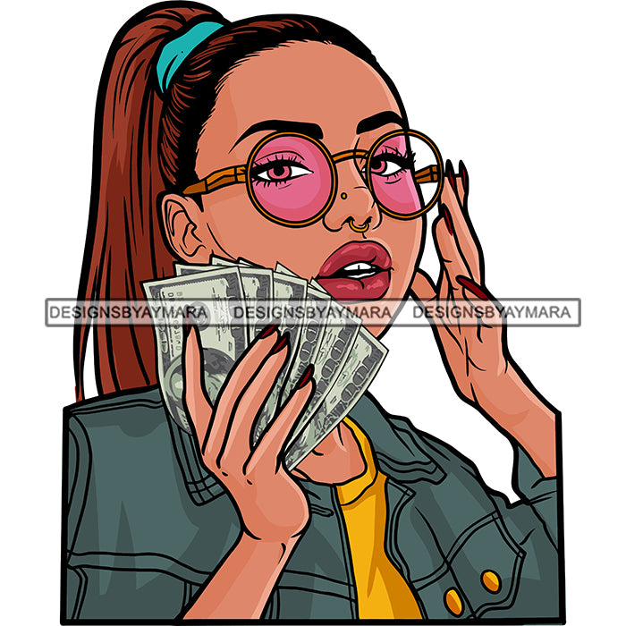 Sexy Gangster Diva Gangsta Woman Money Spread Messy Bun Glasses Badass Designsbyaymara 8476