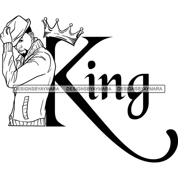 Sexy Black Man King Crown Confident Wearing Sweater Holding Hat Fashion Style B/W SVG JPG PNG Vector Clipart Cricut Silhouette Cut Cutting