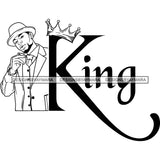 Sexy Black Man King Crown Sophisticated Holding Cigar Classic Hat Fashion Style B/W SVG JPG PNG Vector Clipart Cricut Silhouette Cut Cutting