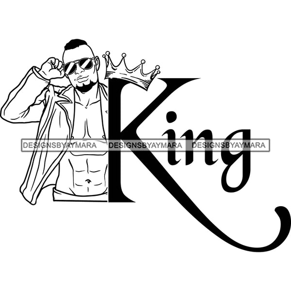 Sexy Black Man King Crown Fashion Model Open Shirt Sunglasses Fashion Style B/W SVG JPG PNG Vector Clipart Cricut Silhouette Cut Cutting