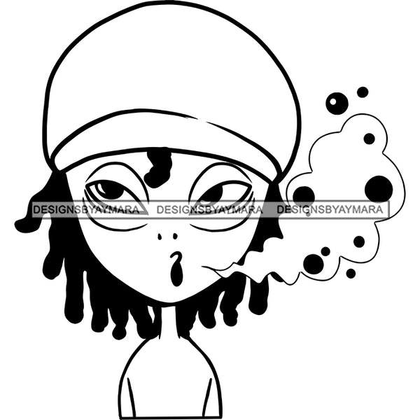 Alien Extraterrestrial Rasta Hat Dreadlocks High Smoking Blunt Cannabis Marijuana B/W SVG JPG PNG Vector Clipart Cricut Silhouette Cut Cutting