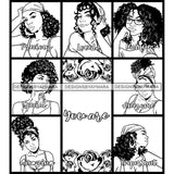 Seven Afro Beautiful Women Portraits Bundle You Are Precious Life Quotes Roses Sistas Melanin Nubian B/W SVG JPG PNG Vector Clipart Cricut Silhouette Cut Cutting