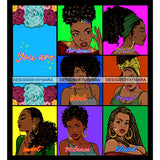 Seven Afro Beautiful Women Portraits Bundle You Are Proud Life Quotes Roses Sistas Melanin Nubian SVG JPG PNG Vector Clipart Cricut Silhouette Cut Cutting