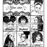 Seven Afro Beautiful Women Portraits Bundle You Are Educated Life Quotes Roses Sistas Melanin Nubian B/W SVG JPG PNG Vector Clipart Cricut Silhouette Cut Cutting