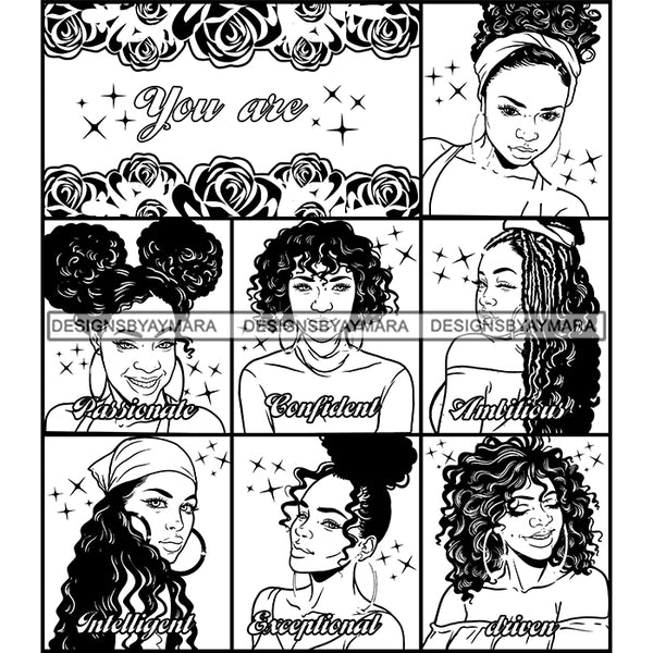 Seven Afro Beautiful Women Portraits Bundle You Are Educated Life Quotes Roses Sistas Melanin Nubian B/W SVG JPG PNG Vector Clipart Cricut Silhouette Cut Cutting