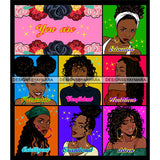 Seven Afro Beautiful Women Portraits Bundle You Are Educated Life Quotes Roses Sistas Melanin Nubian SVG JPG PNG Vector Clipart Cricut Silhouette Cut Cutting