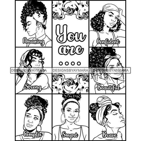 Seven Afro Beautiful Women Portraits Bundle You Are Confident Life Quotes Roses Sistas Melanin Nubian B/W SVG JPG PNG Vector Clipart Cricut Silhouette Cut Cutting