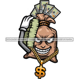 Money Bag Cartoon Character Hand Holding Lot Of Money Bundle Smile Face Wearing Dollar Sigh Gold Chain Vector White Background SVG JPG PNG Vector Clipart Cricut Silhouette Cut Cutting
