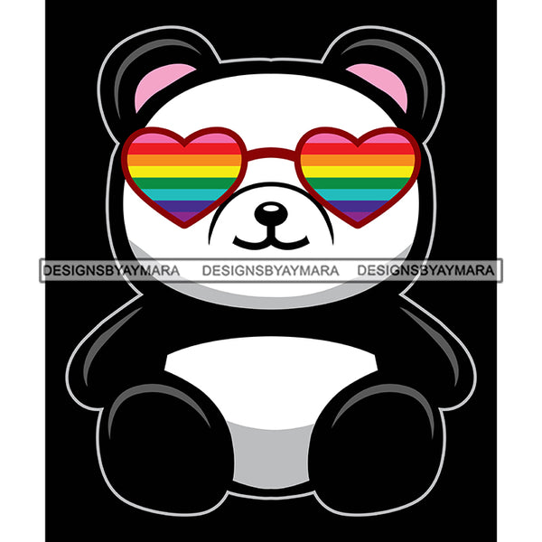 Pride Month Parade Celebration Panda Bear Rainbow Heart Sunglasses Black Background SVG JPG PNG Vector Clipart Cricut Silhouette Cut Cutting