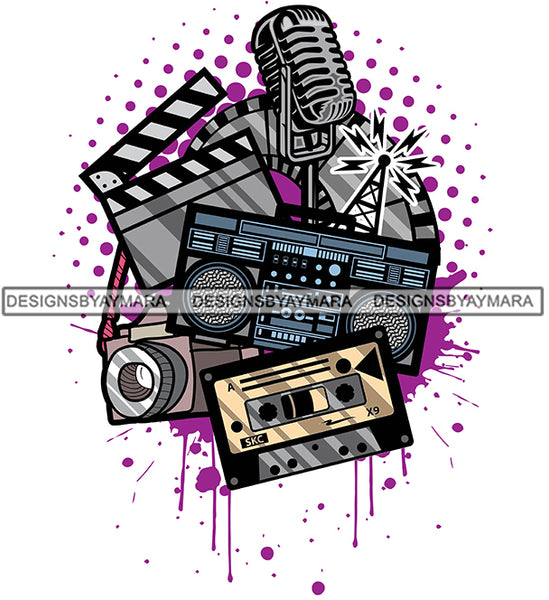 Microphone Camera Vintage Old School Movie Action Recorder Cassette Boombox SVG PNG JPG Cut Files For Silhouette Cricut and More!