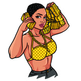 Afro Woman Holding Money Bundle Vector Wearing Bikini And Chain Short Hair Design Element Fitness Woman White Background SVG JPG PNG Vector Clipart Cricut Cutting Files